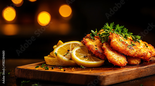 f0b German schnitzel with crispy breaded pork and lemon slices on a wooden board photo