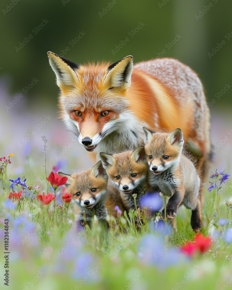Obraz premium A fox and her three playful kits in a colorful wildflower field.