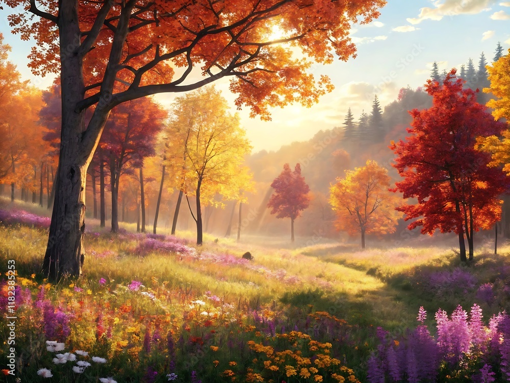 Naklejka premium Autumn landscape with trees in shades of red, orange, and yellow, bathed in warm sunlight over a flowery meadow.
