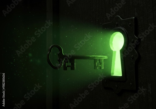 Wallpaper Mural Glowing green keyhole, antique skeleton key, dark mysterious background, eerie light, surreal atmosphere, symbolic imagery, secret passage concept, intrigue and curiosity, shadowy environment, dream-l Torontodigital.ca