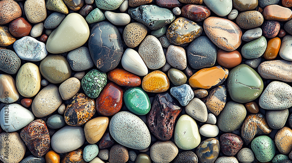 A richly detailed close-up of colorful pebbles and stones scattered across a natural surface A richly detailed close-up of colorful pebbles and stones scattered across a natural surface
