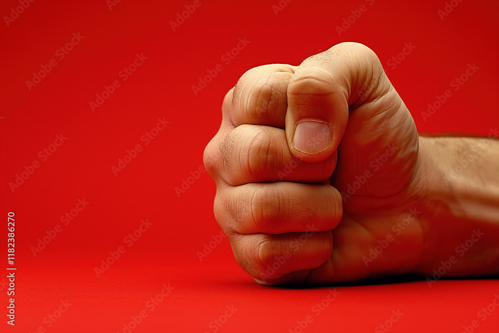 Clenched fist against red background showing strength and determination Clenched fist against red background showing strength and determination