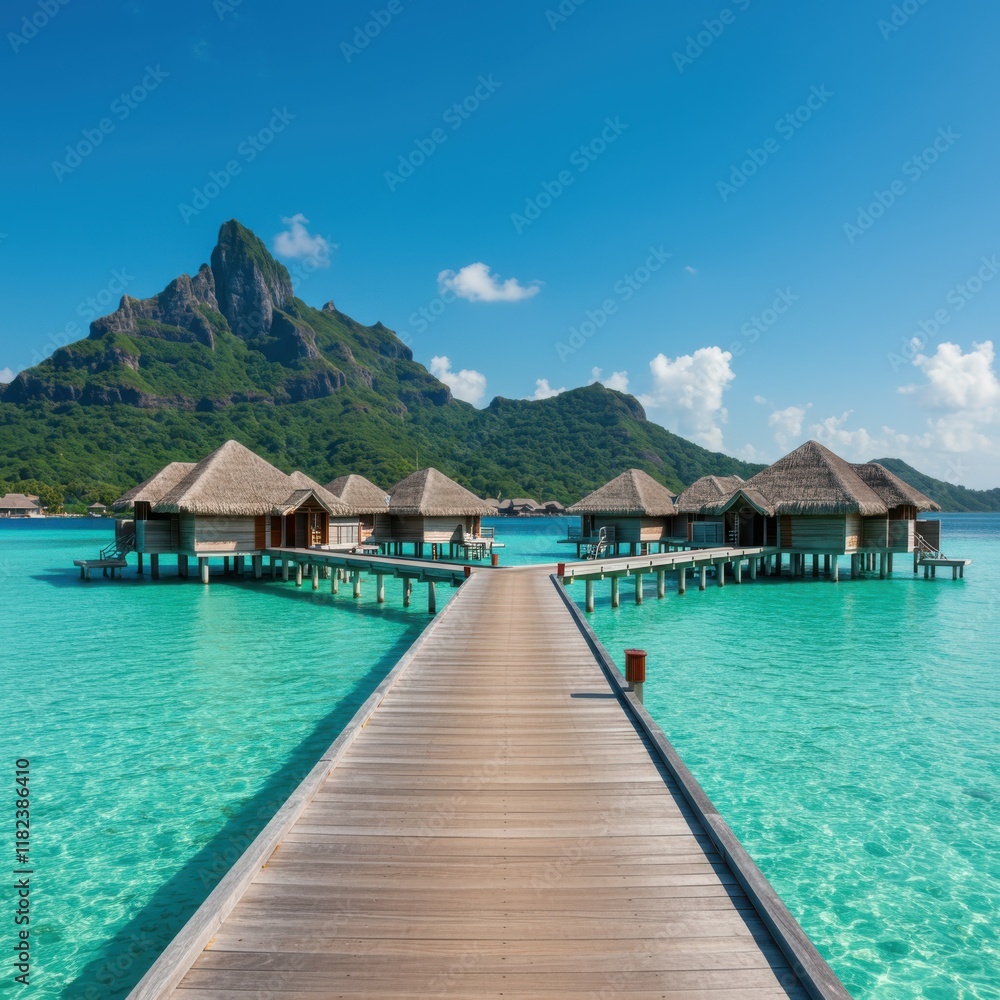 Tropical paradise, Bora Bora, overwater bungalows, wooden pier, turquoise lagoon, lush mountain peak, clear blue sky, white sandy beach, palm trees, luxury resort, crystal clear water, idyllic vacatio Tropical paradise, Bora Bora, overwater bungalows, wooden pier, turquoise lagoon, lush mountain peak, clear blue sky, white sandy beach, palm trees, luxury resort, crystal clear water, idyllic vacatio