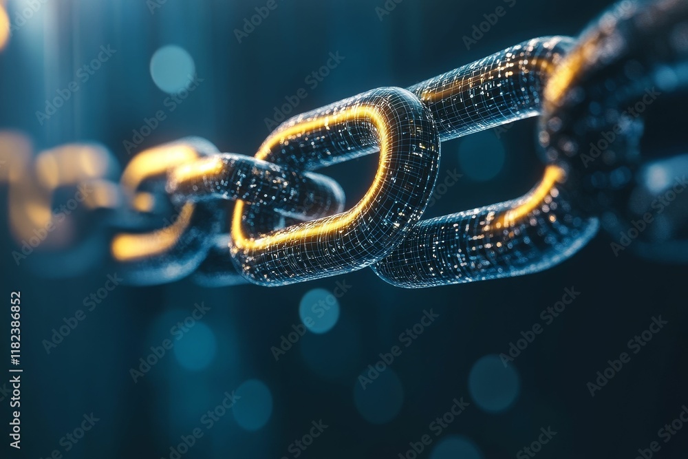 Interconnected glowing chain links, dark background. Interconnected glowing chain links, dark background.