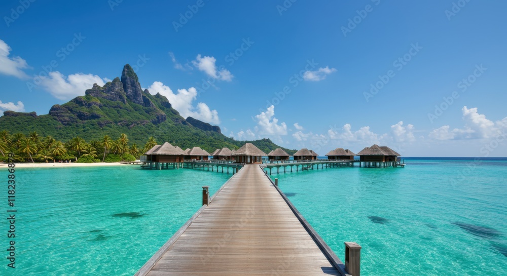 Tropical paradise, Bora Bora, overwater bungalows, wooden pier, turquoise lagoon, lush mountain peak, clear blue sky, white sandy beach, palm trees, luxury resort, crystal clear water, idyllic vacatio Tropical paradise, Bora Bora, overwater bungalows, wooden pier, turquoise lagoon, lush mountain peak, clear blue sky, white sandy beach, palm trees, luxury resort, crystal clear water, idyllic vacatio