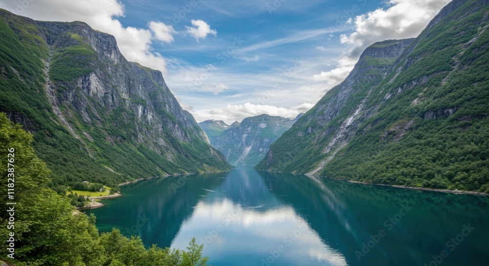 Majestic fjord landscape, towering green mountains, calm blue water reflections, dramatic sky with wispy clouds, serene Norwegian scenery, photorealistic, high-definition, panoramic view, summer in Sc Majestic fjord landscape, towering green mountains, calm blue water reflections, dramatic sky with wispy clouds, serene Norwegian scenery, photorealistic, high-definition, panoramic view, summer in Sc