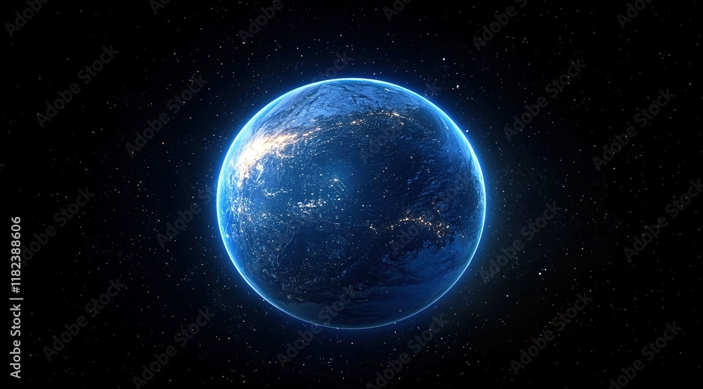 Fototapeta premium A blue Earth with glowing starlight in the space background