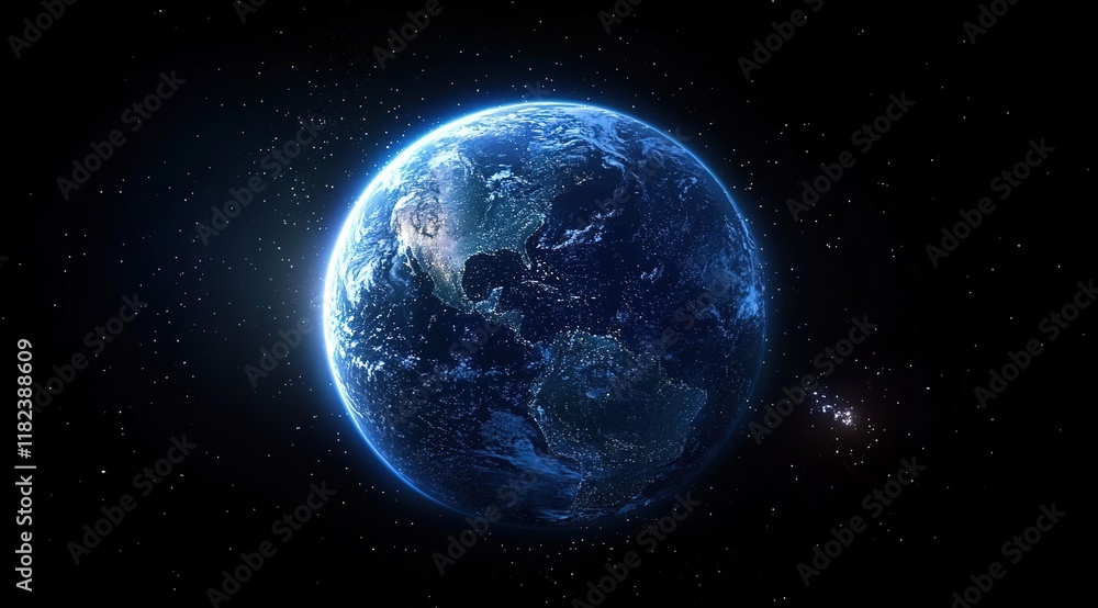 A blue Earth with glowing starlight in the space background A blue Earth with glowing starlight in the space background