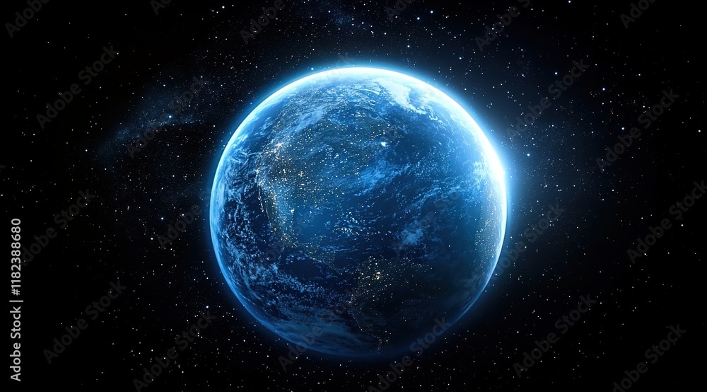 A blue Earth with glowing starlight in the space background A blue Earth with glowing starlight in the space background
