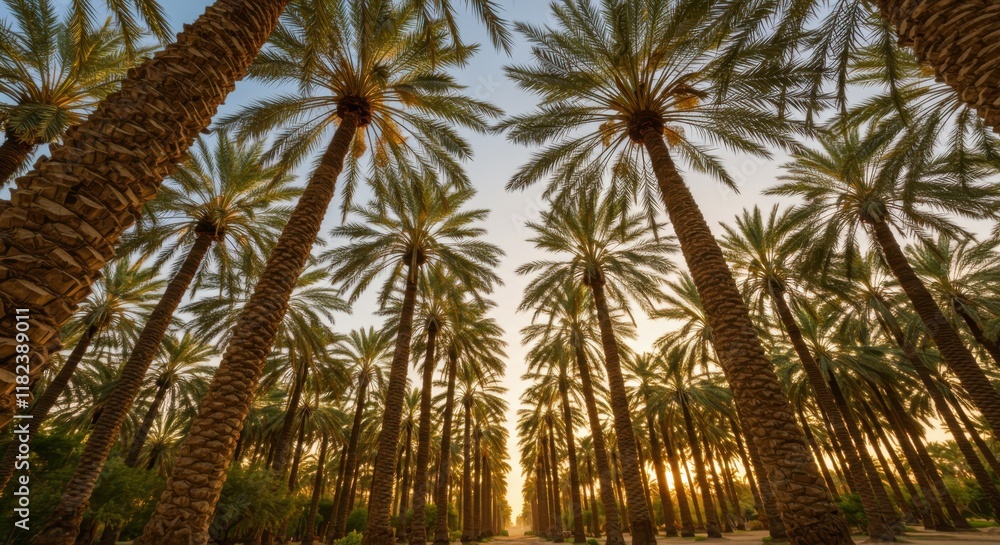Fototapeta premium Palm tree grove, golden sunset light, towering date palms, symmetrical rows, looking upward, frond canopy, desert oasis, dramatic perspective, wide-angle lens, sun rays filtering through trees, lush t