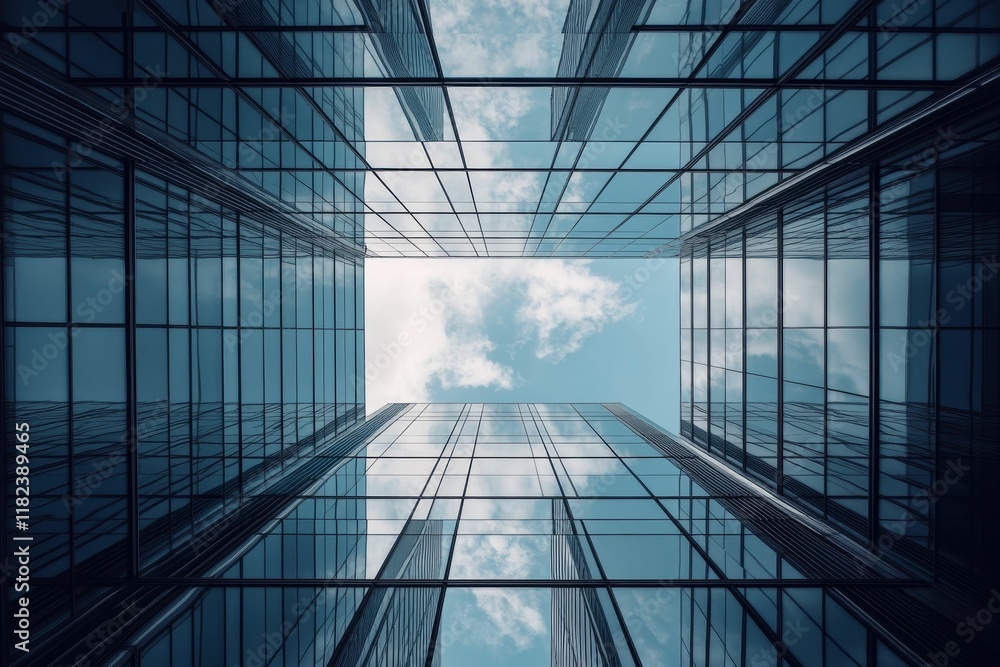 Glass building reflects sky, clouds, geometric pattern. Glass building reflects sky, clouds, geometric pattern.