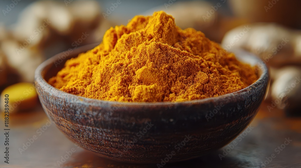 A small bowl of turmeric and ginger blend, showcasing the vibrant yellow and orange hues. A small bowl of turmeric and ginger blend, showcasing the vibrant yellow and orange hues.