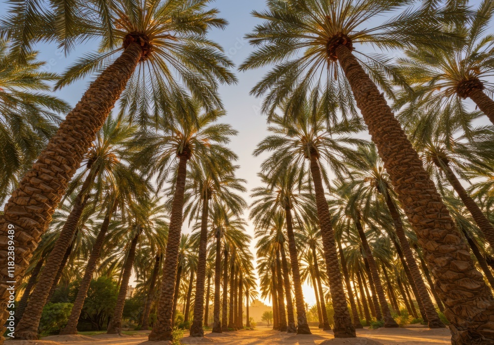 Fototapeta premium Palm tree grove, golden sunset light, towering date palms, symmetrical rows, looking upward, frond canopy, desert oasis, dramatic perspective, wide-angle lens, sun rays filtering through trees, lush t