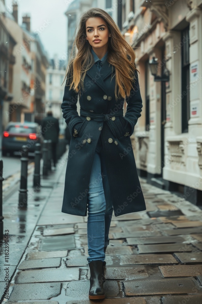 Fototapeta premium confident woman in a navy double-breasted coat and blue jeans walking down the street
