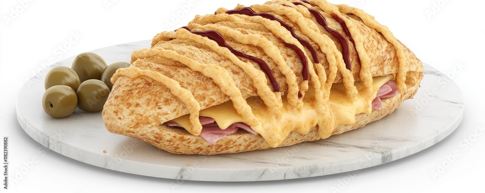 A savory dish featuring a stuffed crepe with ham, cheese, and crispy toppings, served with olives. A savory dish featuring a stuffed crepe with ham, cheese, and crispy toppings, served with olives.