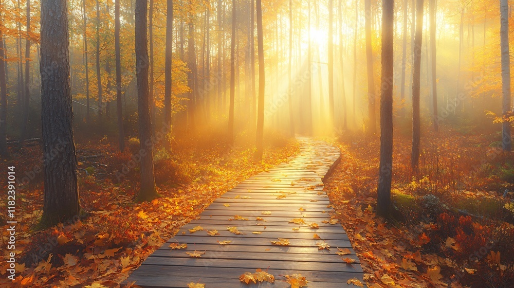 Fototapeta premium Magical Autumn Forest Path Sunrise Misty Woods