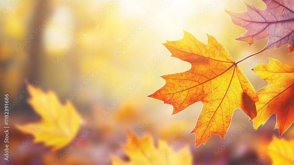 Fototapeta premium Autumn Maple Leaves Sunlight Background Image