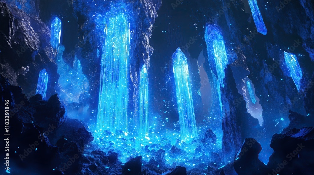 Mystical underground kingdom of crystalline cobalt formations, ethereal cave lighting, fantasy environment, intricate mineral structures, magical atmosphere, stylized illustration Mystical underground kingdom of crystalline cobalt formations, ethereal cave lighting, fantasy environment, intricate mineral structures, magical atmosphere, stylized illustration