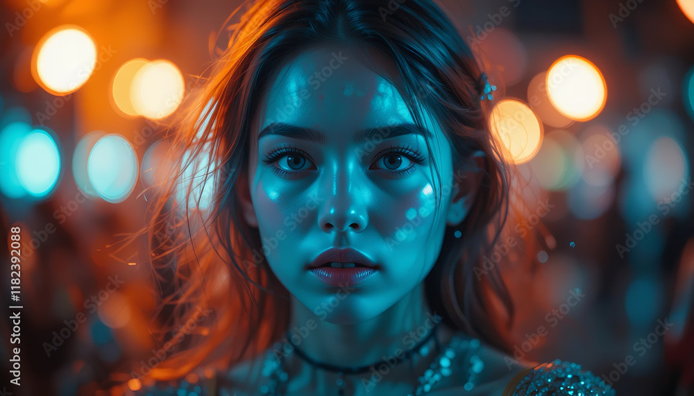 Portrait of a gorgeous young woman with long brown hair blowing in the wind, illuminated by warm and cool city lights at night, creating a captivating and atmospheric scene. Portrait of a gorgeous young woman with long brown hair blowing in the wind, illuminated by warm and cool city lights at night, creating a captivating and atmospheric scene.