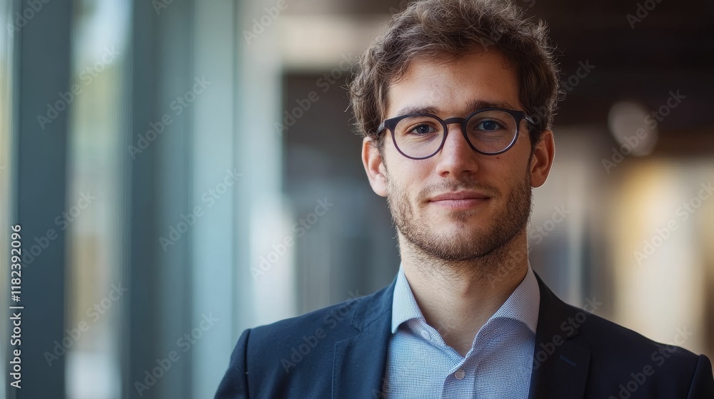 Obraz premium Young man, glasses, suit, serious expression, indoor.