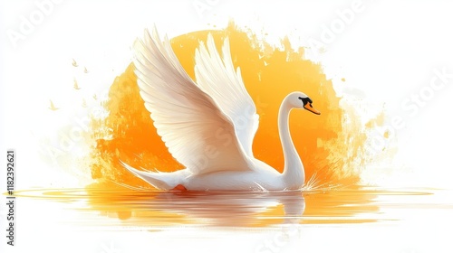 Fototapeta Naklejka Na Ścianę i Meble -  White swan with wings outstretched on calm water, sunset background.