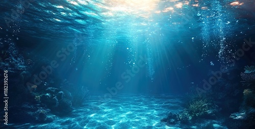 Underwater view of the ocean floor with sunlight filtering through, creating an underwater scene. 