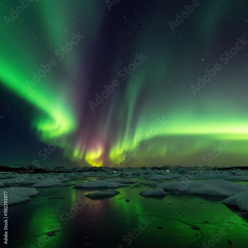 Wallpaper Mural Aurora borealis, northern lights, arctic landscape, frozen lake, ice, starry night sky, green and purple lights, reflection on water, dramatic natural phenomenon, ethereal glow, wilderness, panoramic  Torontodigital.ca