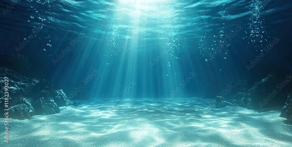 Underwater view of the ocean floor with sunlight filtering through, creating an underwater scene. Underwater view of the ocean floor with sunlight filtering through, creating an underwater scene.