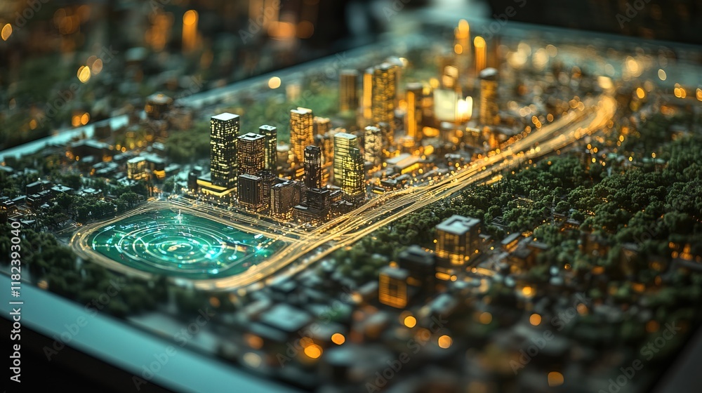 Obraz premium Holographic map of a city with real-time traffic data, digital display with detailed and interactive visuals 