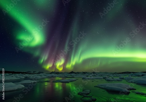 Wallpaper Mural Aurora borealis, northern lights, arctic landscape, frozen lake, ice, starry night sky, green and purple lights, reflection on water, dramatic natural phenomenon, ethereal glow, wilderness, panoramic  Torontodigital.ca