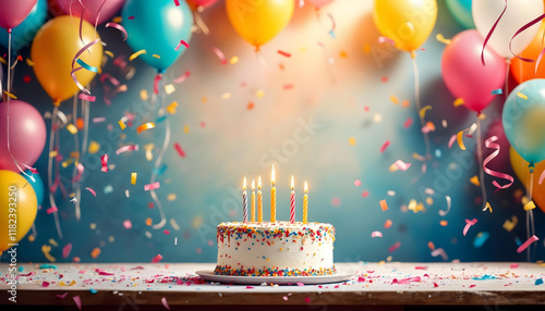 Festive birthday party celebration scene with tiered frosted cake sprinkles candles backdrop background social media post story confetti balloons with space for text or quote