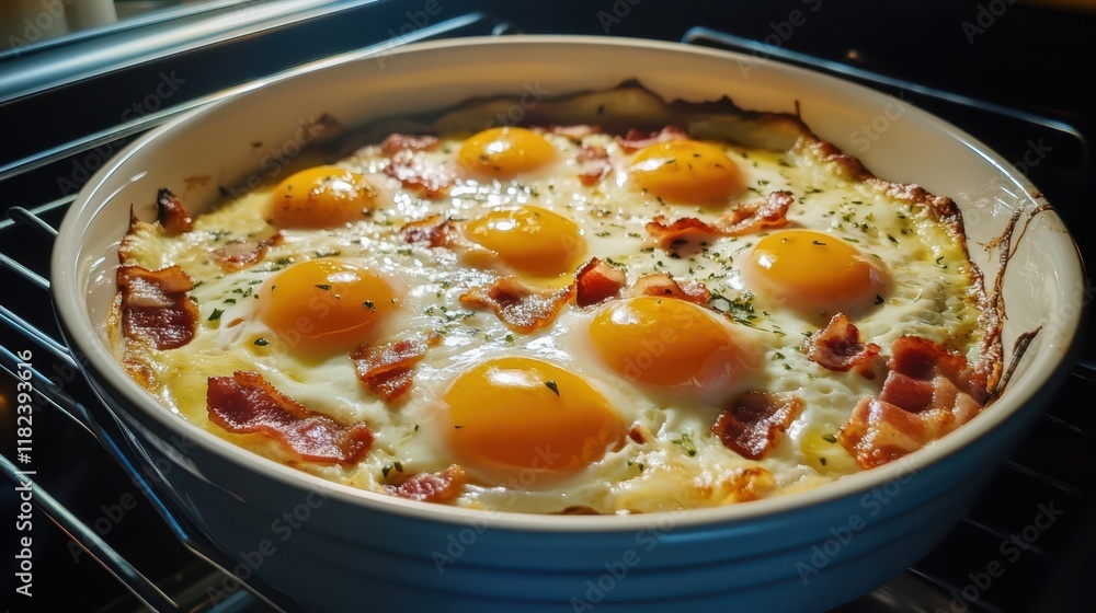 Baked eggs with bacon and cheese, nestled in a bowl and baked to perfection in an electric oven. Baked eggs with bacon and cheese, nestled in a bowl and baked to perfection in an electric oven.