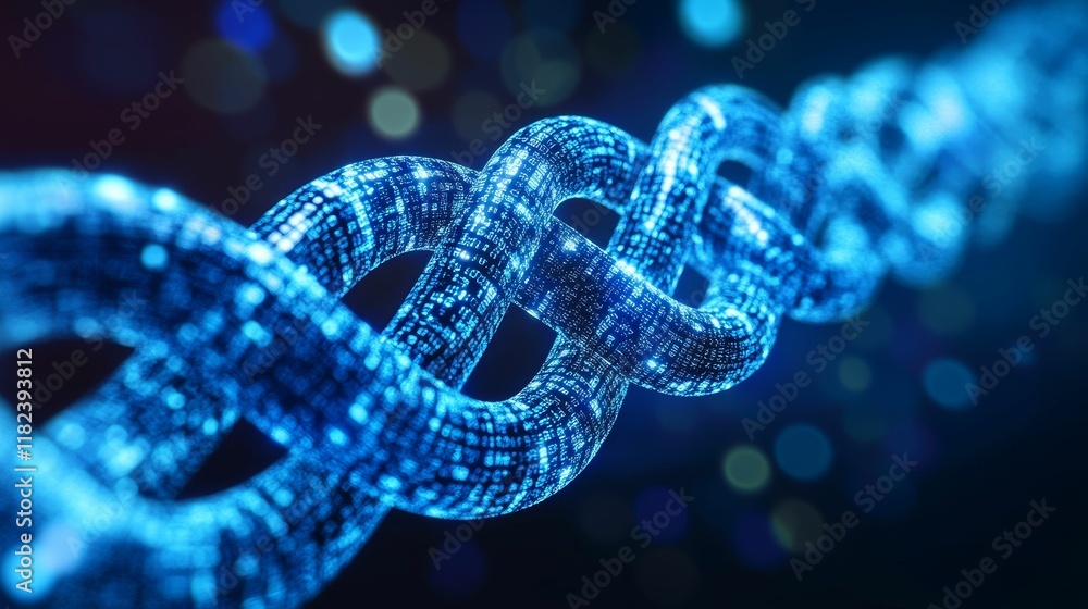 Glowing blue helix, coded data, abstract background.