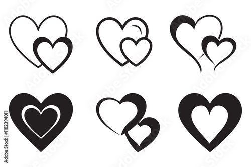Set of hearts icons. Black and white vector illustration isolated on white background.