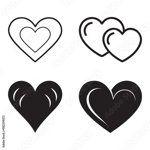 Set of hearts icons. Black and white vector illustration isolated on white background.