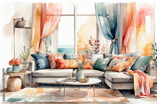 Hand draw watercolor sketch illustration texture design of a modern, luxury comfortable interior home living room with decoration.

