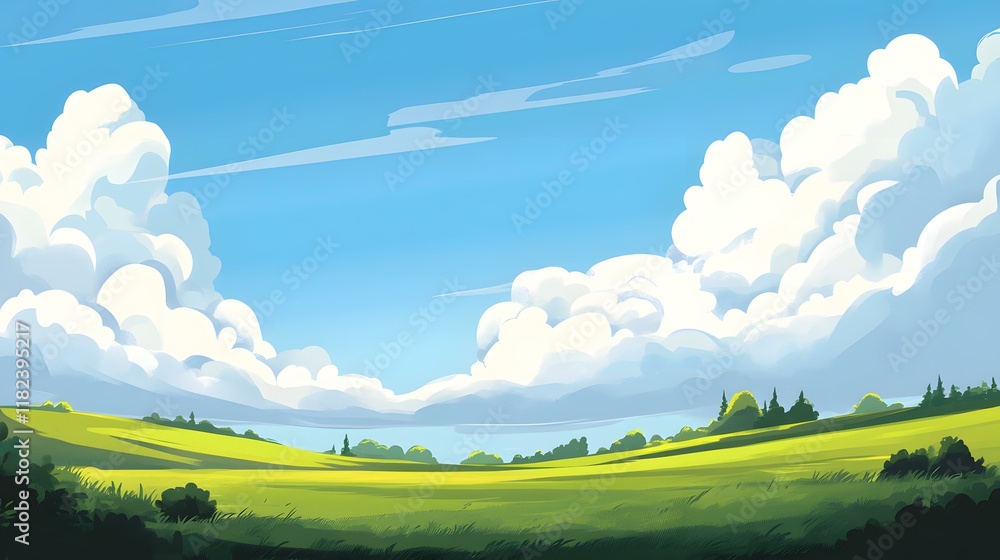 Obraz premium Gorgeous hand-drawn illustration depicting scenic mountains and farmlands, enriched with intricate details and an anime-inspired touch.