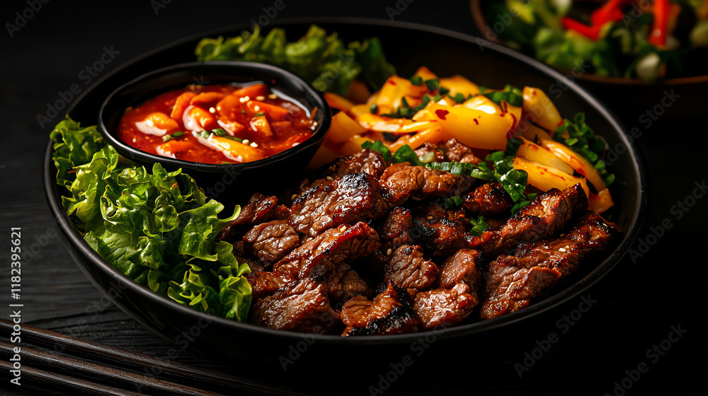 Fototapeta premium f0b Korean grilled bulgogi beef served with lettuce wraps and spicy dipping sauce