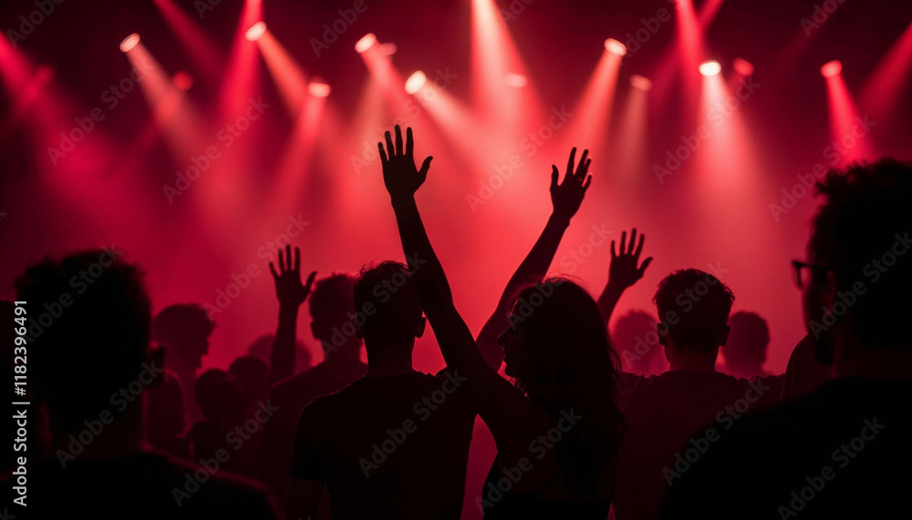 Obraz premium Night time concert venue club at a concert with crowds of people with their arms up dancing to music