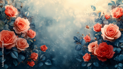 Banner with copy space, red and blue theme, flowers, floristics, floral background