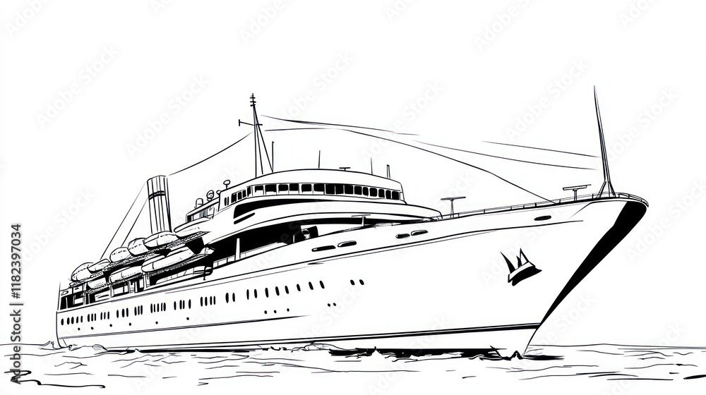 Fototapeta premium Large ship travels across water, white background for layouts or creative designs