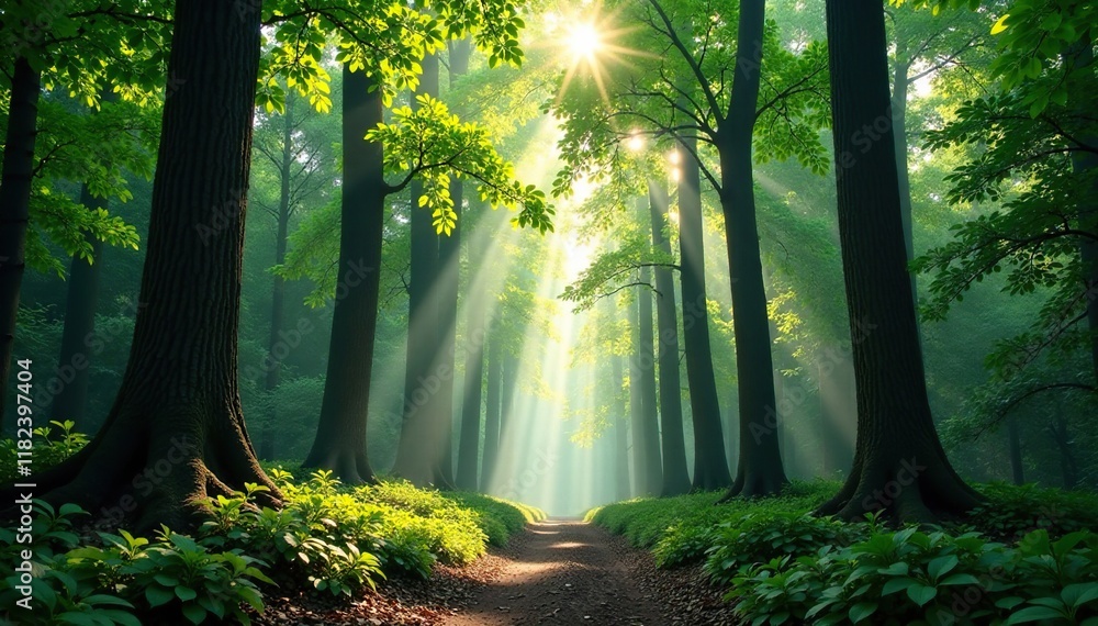 Obraz premium Forest canopy with towering trees and sunlight filtering through, trees, sunlight, forest