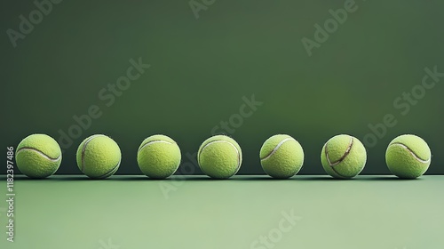 Seven tennis balls lined up against a green background create a simple yet striking image. Ideal for sports websites blogs or social media promoting tennis. photo