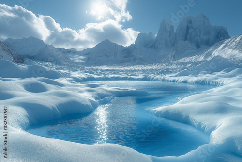 Photo réaliste d’un glacier massif avec fissures bleutées et montagnes enneigées photo