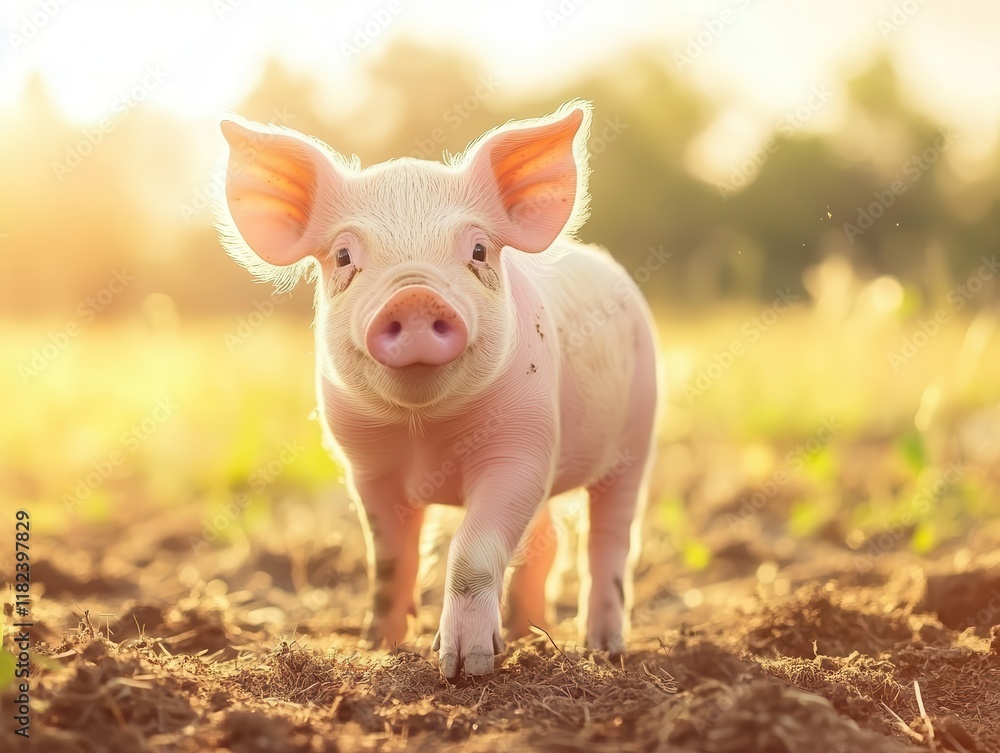 adorable pink piglet standing in natural sunlight with curious expression and spotted pattern, perfect for agricultural or farm life concepts adorable pink piglet standing in natural sunlight with curious expression and spotted pattern, perfect for agricultural or farm life concepts