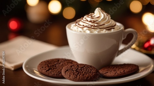 Cup of hot chocolate topped with whipped cream and chocolate drizzle, served with chocolate cookies