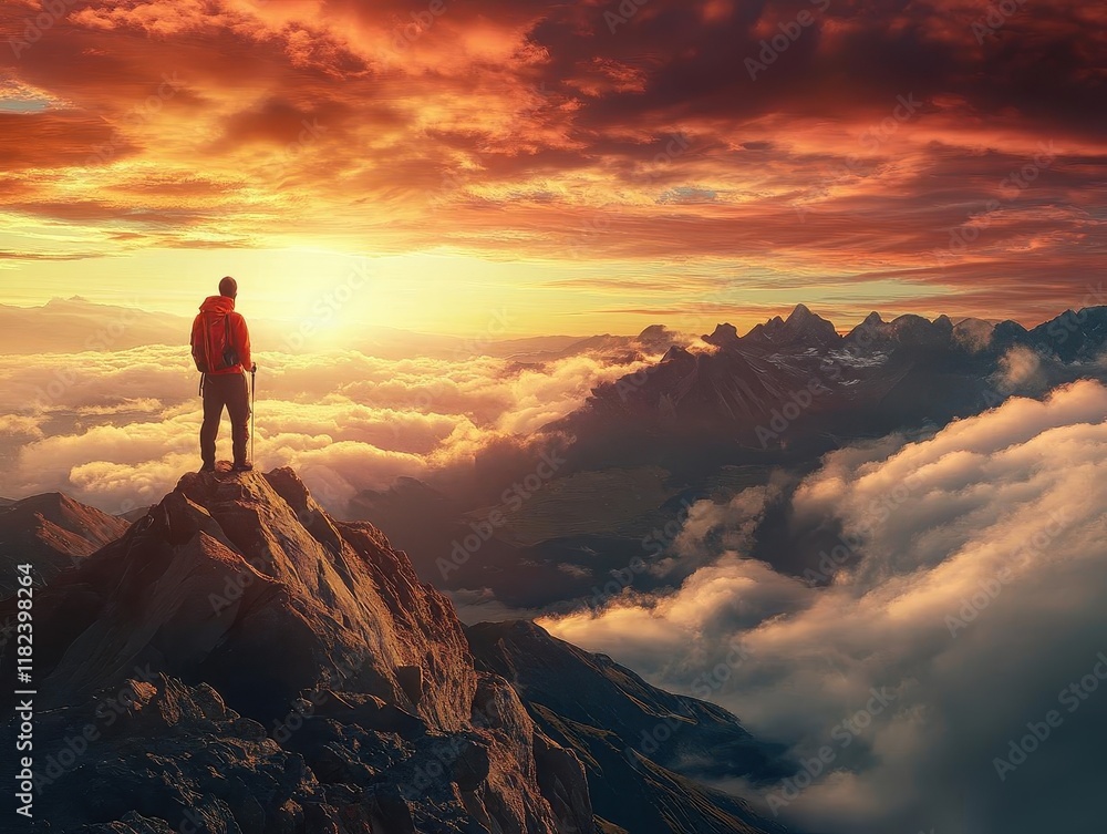 adventurous solo hiker standing on mountain peak at sunrise, enjoying breathtaking alpine landscape with dramatic clouds and valley views below adventurous solo hiker standing on mountain peak at sunrise, enjoying breathtaking alpine landscape with dramatic clouds and valley views below