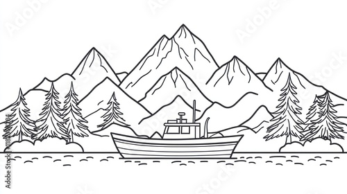 Fishing boat coastal mountains line art illustration
