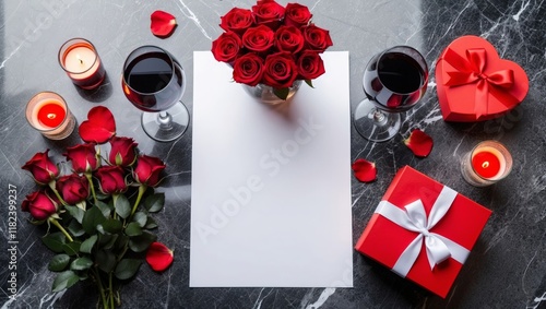 Top view of a black marble table with red roses, candles, wine glasses, blank sheet of paper and gift boxes. Romantic banner for restaurant menu mock up, congratulation, letter, invitation