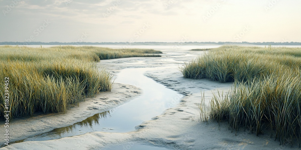 Calm coastal marsh creek at sunrise; tranquil nature scene Calm coastal marsh creek at sunrise; tranquil nature scene